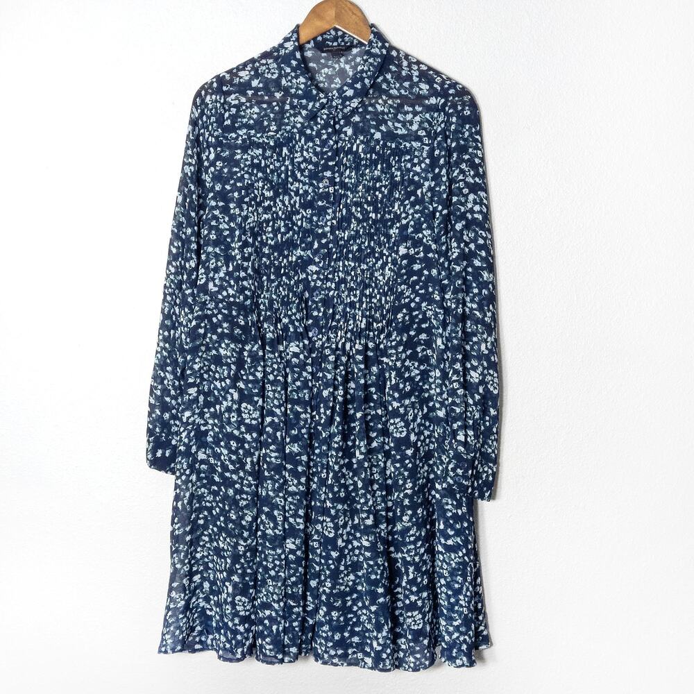 Banana Republic Shirt Dress Size L Blue Floral Collared Button Front